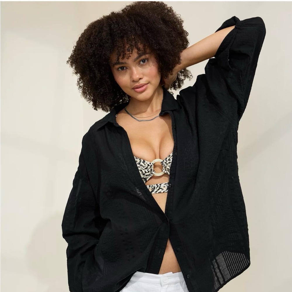 Aerie Black Sheer Striped Button-Up Shirt - Oversized Fit